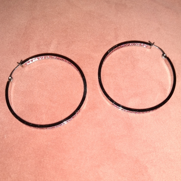Pink Rhinestone Silver Hoop Earrings Crystal Channel Hoops Sparkling Rhinestones - Picture 11 of 14